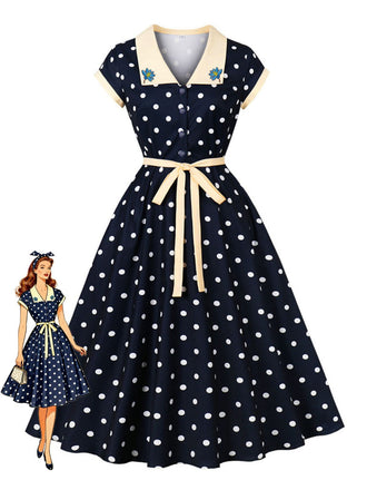 Blaues 50er Swingkleid mit Polka-Dots und Blumenstickerei