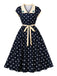 Blaues 50er Swingkleid mit Polka-Dots und Blumenstickerei