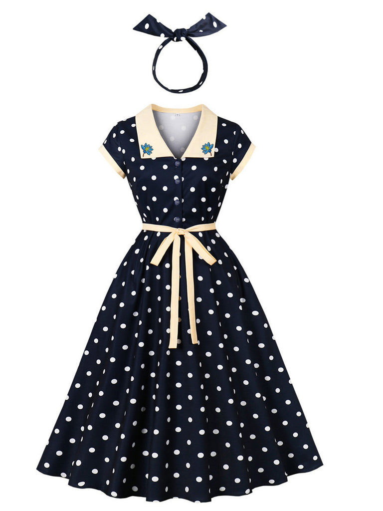 Blaues 50er Swingkleid mit Polka-Dots und Blumenstickerei