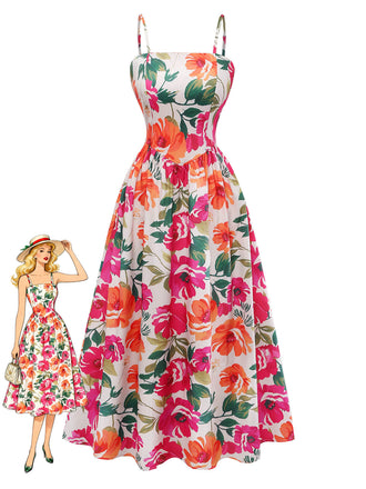70er Boho Kleid mit Blumen und Spaghettiträgern