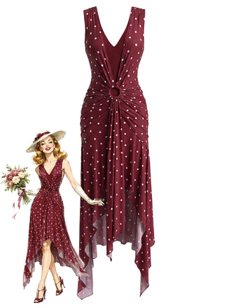 Weinrotes 30er Kleid mit Polka-Dots