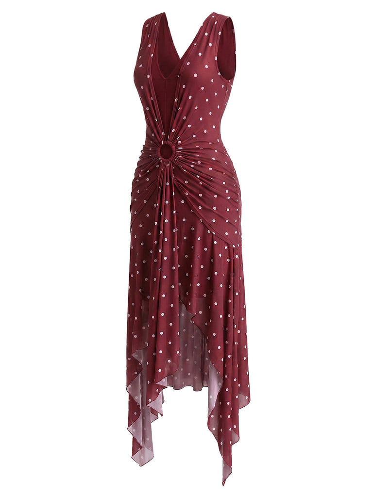 Weinrotes 30er Kleid mit Polka-Dots