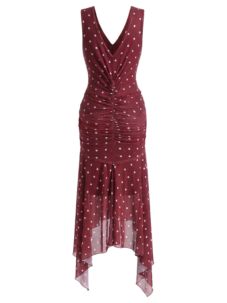 Weinrotes 30er Kleid mit Polka-Dots