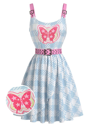 Hellblaues 00er Y2K Kleid mit Schmetterling und Gürtel