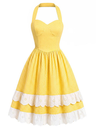 Gelbes 50er Baumwollkleid mit Polka-Dots