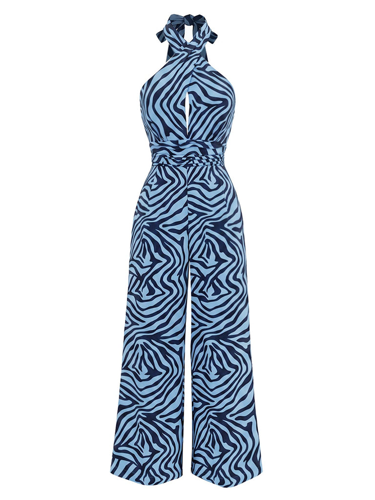 Seeblauer 70er Jumpsuit mit Zebra-Print und Neckholder