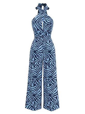 Seeblauer 70er Jumpsuit mit Zebra-Print und Neckholder