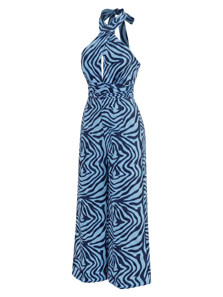 Seeblauer 70er Jumpsuit mit Zebra-Print und Neckholder