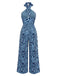 Seeblauer 70er Jumpsuit mit Zebra-Print und Neckholder