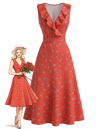 Rotes 40er Ärmelloses Kleid mit Streublumen und V-Ausschnitt