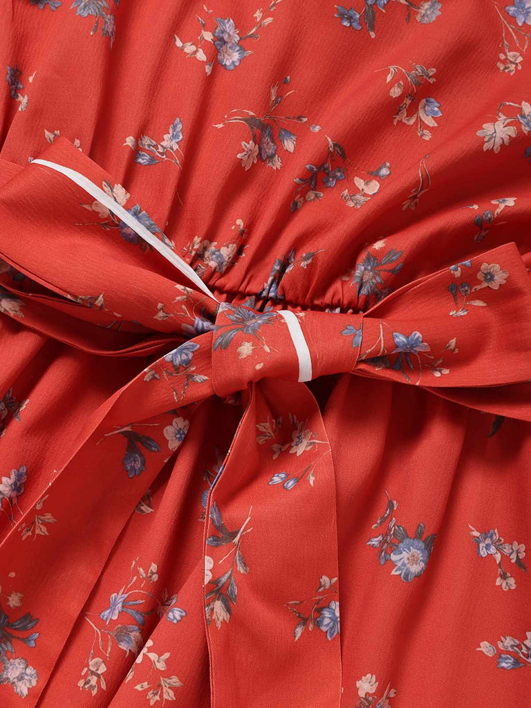 [Vorverkauf] Rotes 40er Ärmelloses Kleid mit Streublumen und V-Ausschnitt