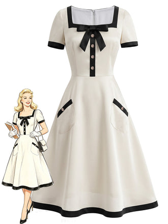 Weißes 40er A-Linien-Kleid mit Schleife
