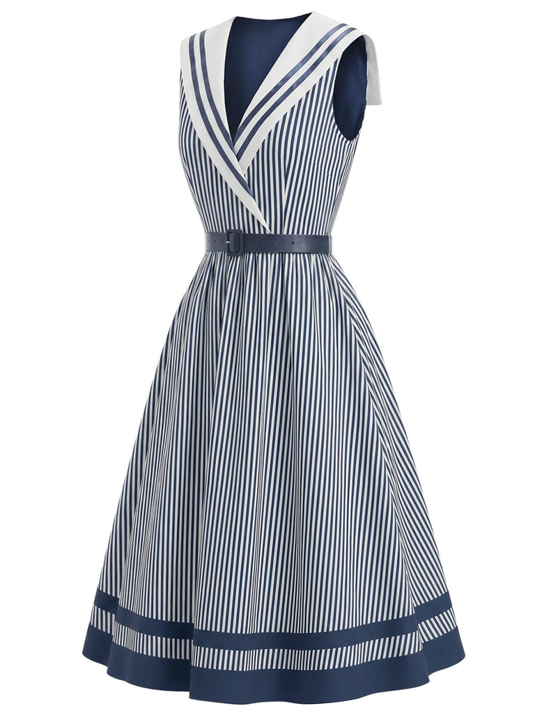 Weißes & Blaues 40er Sailor Kleid mit Schal-Kragen und Streifen