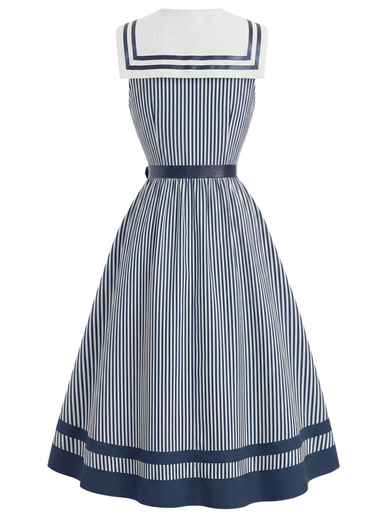 Weißes & Blaues 40er Sailor Kleid mit Schal-Kragen und Streifen