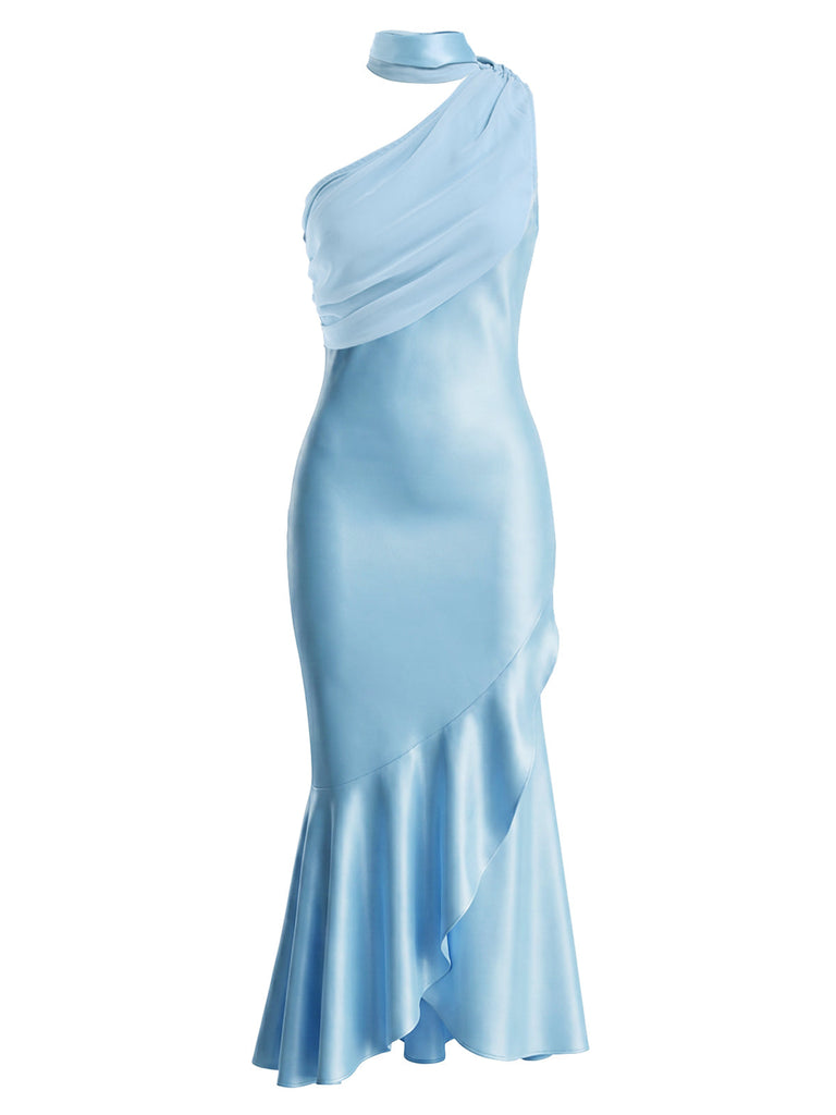 Blaues 30er Satin-Meerjungfrauenkleid mit One-Shoulder und Neckholder