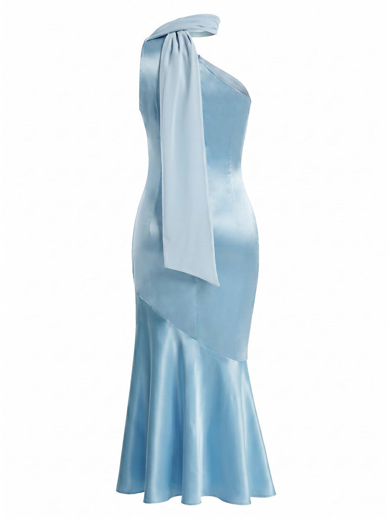 Blaues 30er Satin-Meerjungfrauenkleid mit One-Shoulder und Neckholder