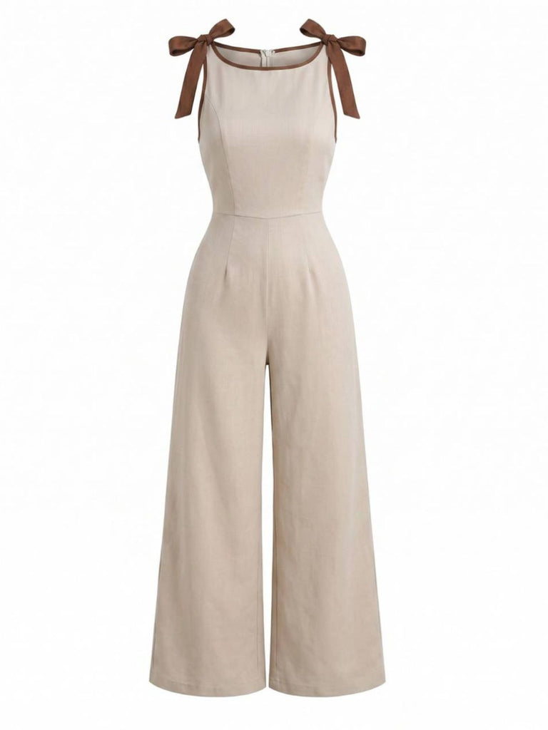 Beige 50er Jumpsuit mit Bindeband und Kontrast