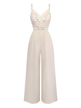 Beiger 70er Jumpsuit mit Häkelspitze und Fransenbesatz