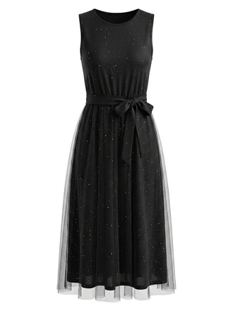 Schwarzes 50er ärmelloses Kleid mit Mesh und Pailletten