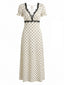 Beige 30er Satin-Kleid mit Polka-Dots und V-Ausschnitt
