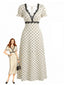 Beige 30er Satin-Kleid mit Polka-Dots und V-Ausschnitt