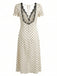 Beige 30er Satin-Kleid mit Polka-Dots und V-Ausschnitt