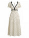 Beige 30er Satin-Kleid mit Polka-Dots und V-Ausschnitt