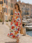 Mehrfarbiges 70er Ärmelloses Maxikleid mit V-Ausschnitt und Blumen