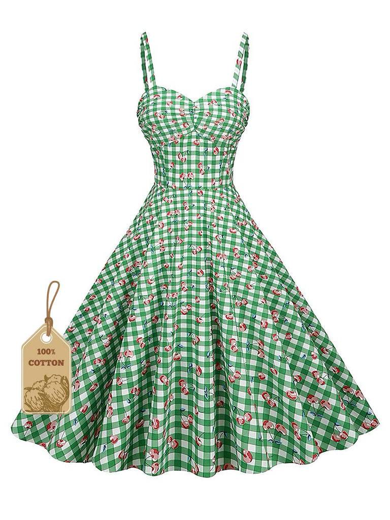 Grünes 50er Baumwoll-Kleid mit Spaghettiträger und Gingham