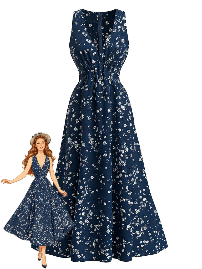 Marineblaues 70er Boho-Midikleid mit Blumen und Neckholder