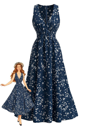 Marineblaues 70er Boho-Midikleid mit Blumen und Neckholder