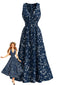 Marineblaues 70er Boho-Midikleid mit Blumen und Neckholder