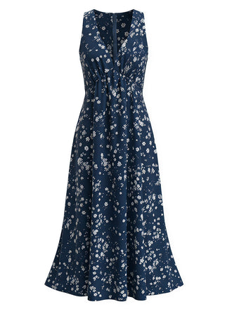 Marineblaues 70er Boho-Midikleid mit Blumen und Neckholder