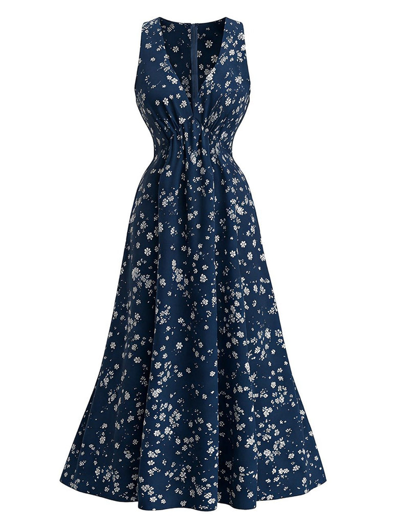 Marineblaues 70er Boho-Midikleid mit Blumen und Neckholder