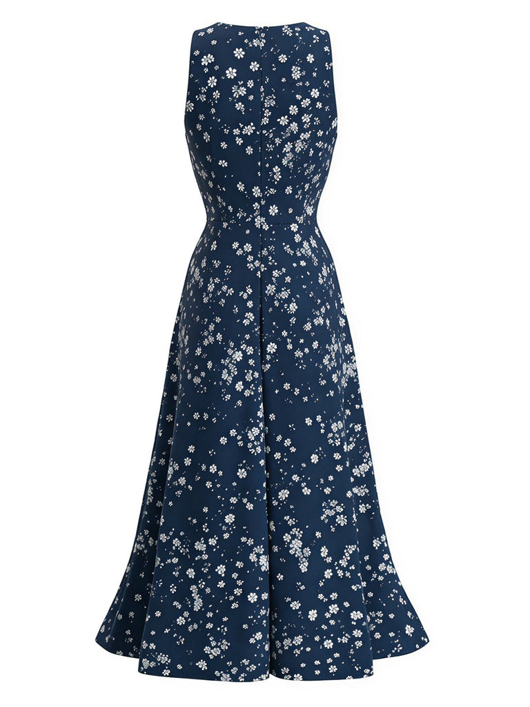 Marineblaues 70er Boho-Midikleid mit Blumen und Neckholder