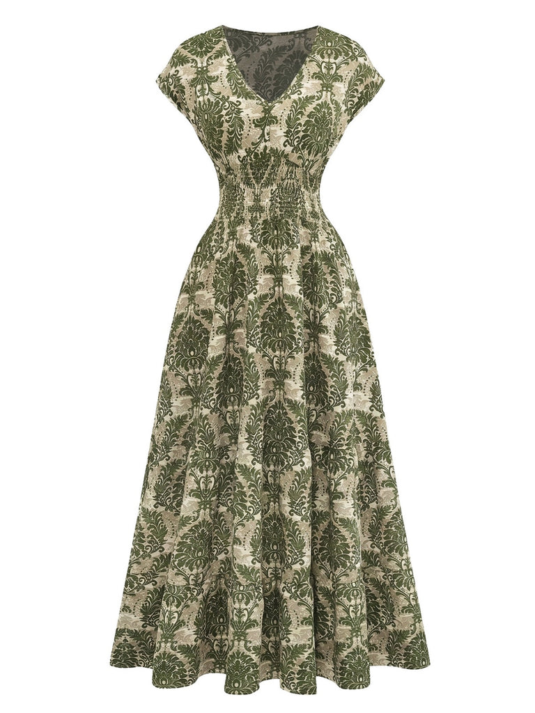 70er Boho Maxikleid mit Ornament-Blumen und V-Ausschnitt
