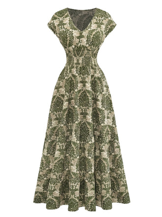 70er Boho Maxikleid mit Ornament-Blumen und V-Ausschnitt