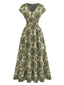 Militärgrünes 70er Boho Maxikleid mit Blumen und V-Ausschnitt