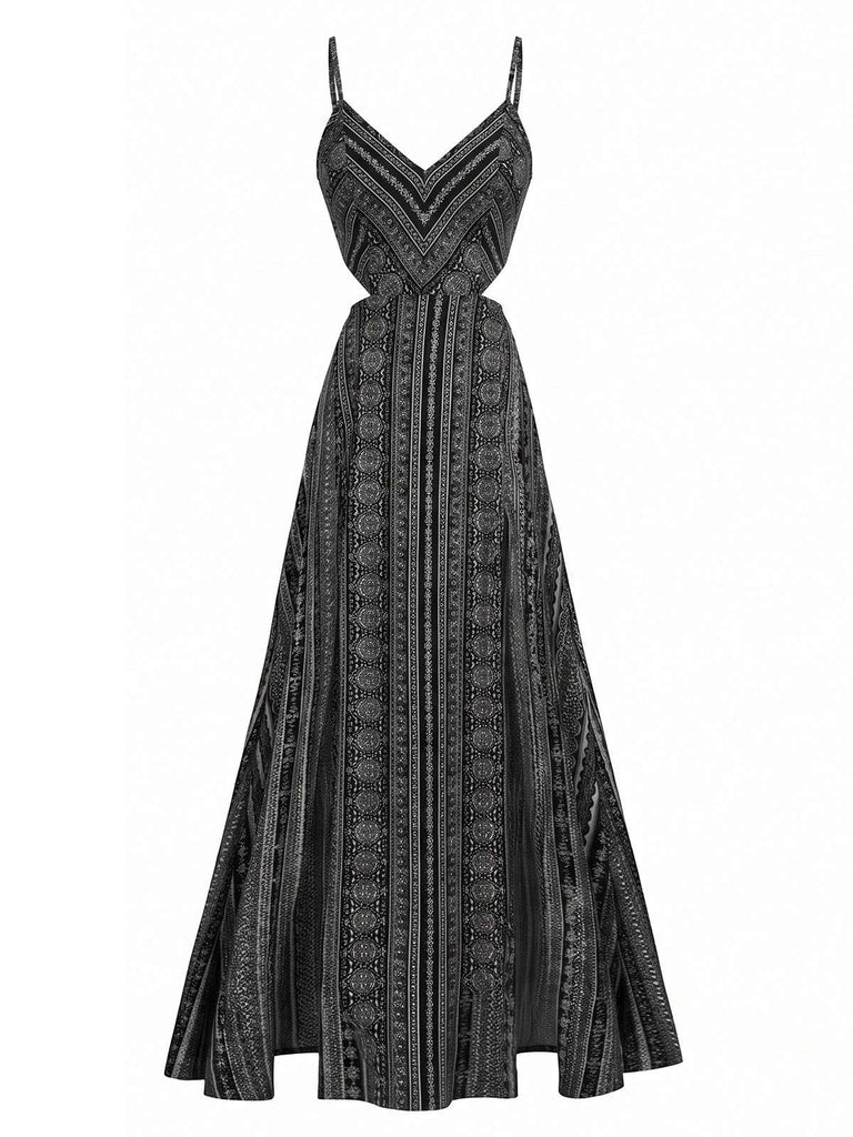 Oasenfarbenes 70er Boho-Maxikleid mit Spaghettiträgern