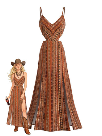 Dunkelgelbes 70er Boho-Maxikleid mit Spaghettiträgern