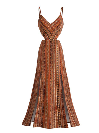 Dunkelgelbes 70er Boho-Maxikleid mit Spaghettiträgern