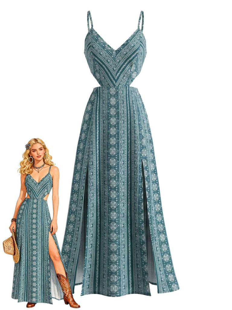 Weinrotes 70er Boho-Maxikleid mit Spaghettiträgern