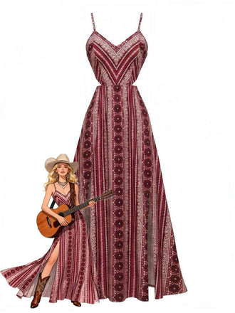 Weinrotes 70er Boho-Maxikleid mit Spaghettiträgern