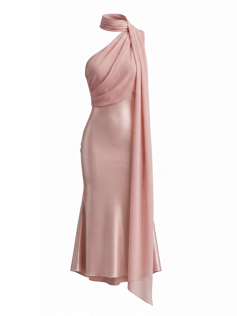 Orange-rosa 30er Meerjungfrauenkleid aus Satin mit One-Shoulder