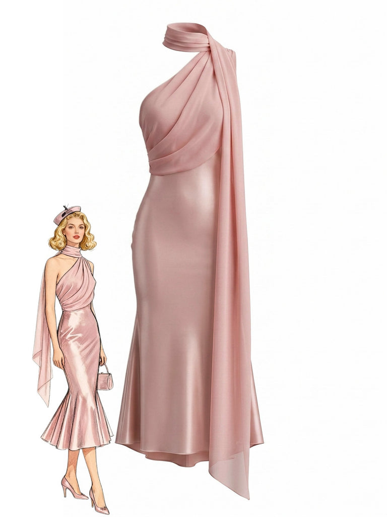 Orange-rosa 30er Meerjungfrauenkleid aus Satin mit One-Shoulder