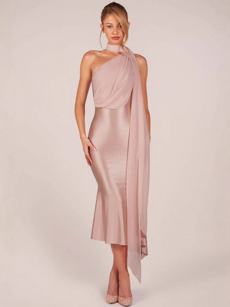Orange-rosa 30er Meerjungfrauenkleid aus Satin mit One-Shoulder