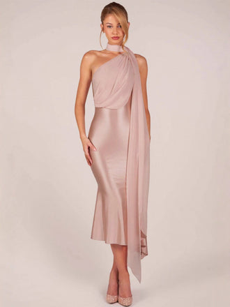 Orange-rosa 30er Meerjungfrauenkleid aus Satin mit One-Shoulder