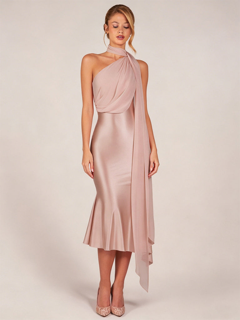 Orange-rosa 30er Meerjungfrauenkleid aus Satin mit One-Shoulder