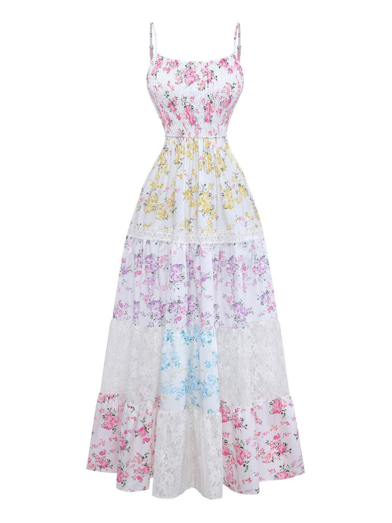 Mehrfarbiges 70er Maxikleid mit Blumen und Smok