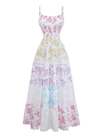 Mehrfarbiges 70er Maxikleid mit Blumen und Smok